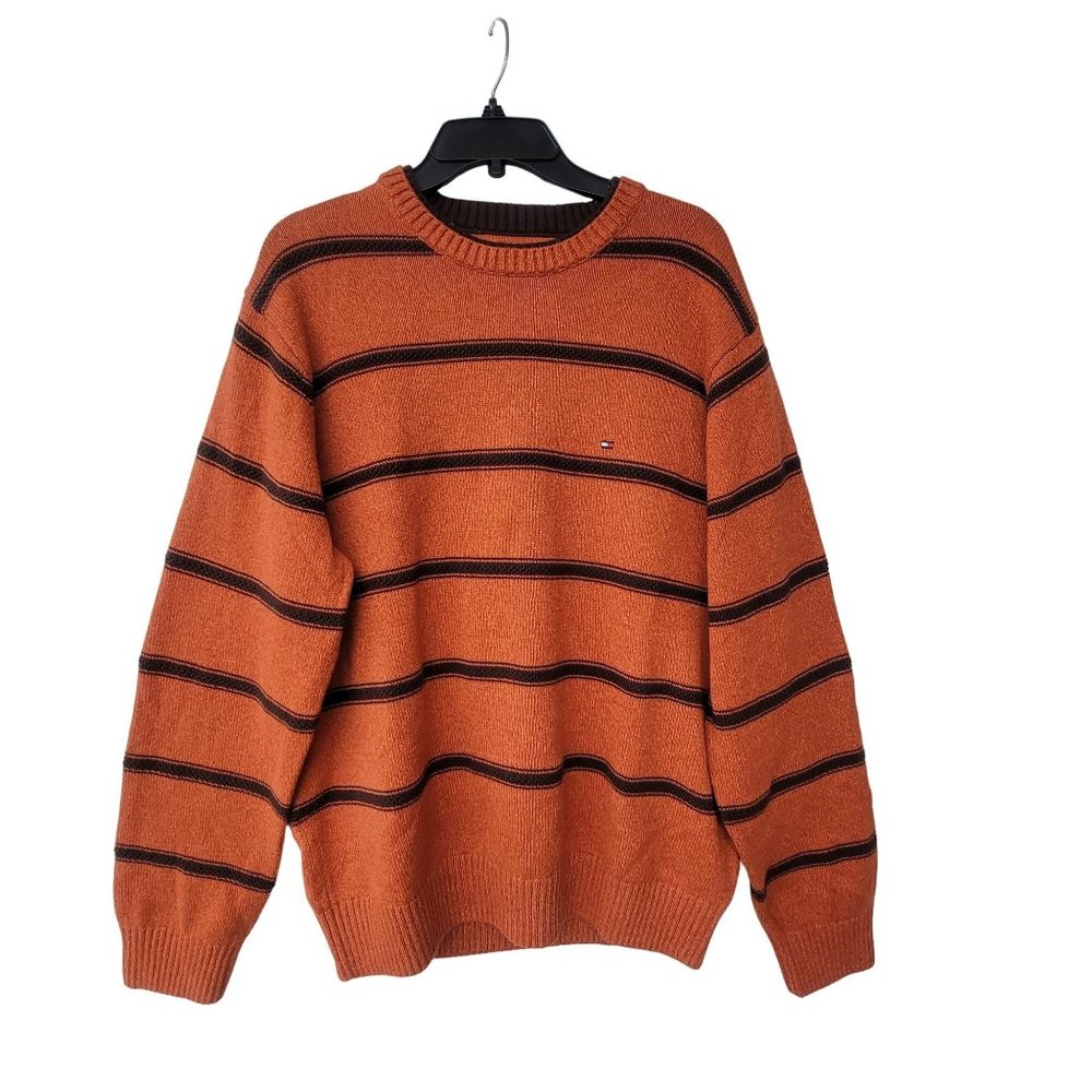 Size L Tommy Hilfiger Men's Stripped Sweater Orange Brown cotton casual knitted